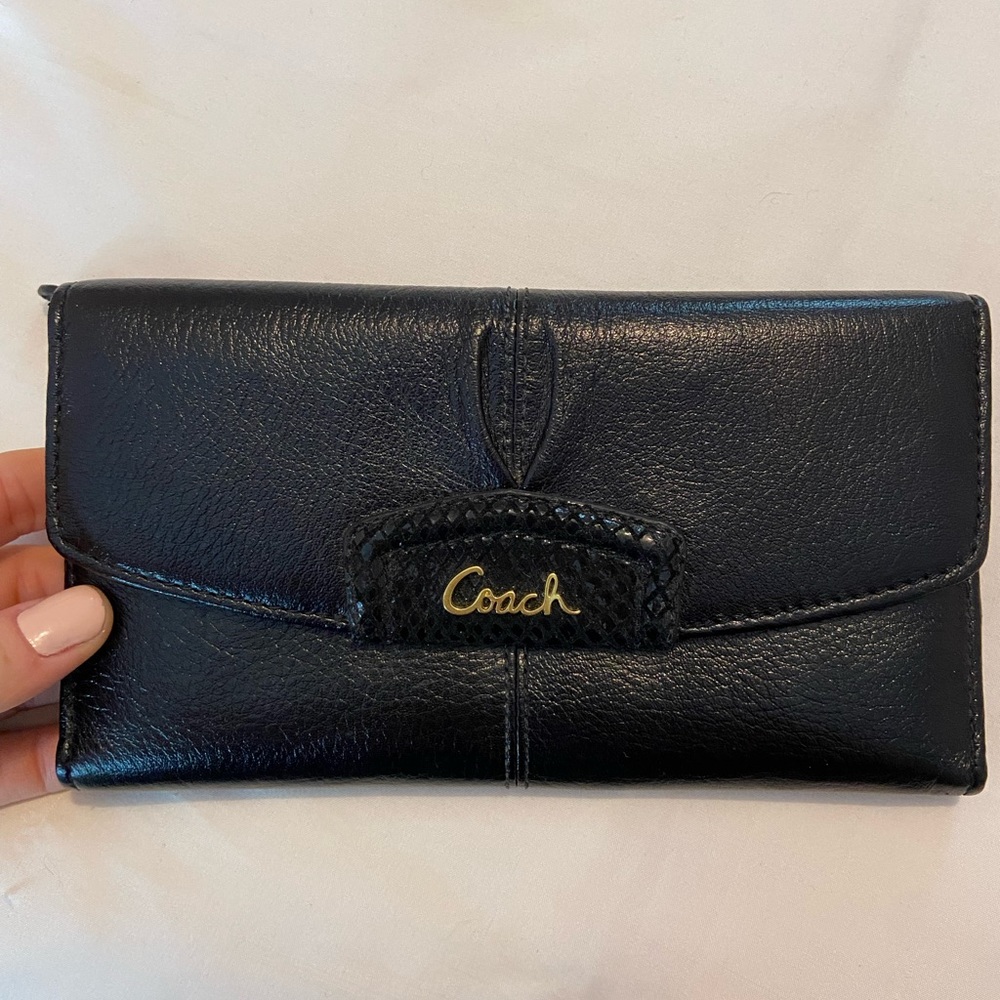 Coach Black Leather Wallet Snakeskin Details NWOT